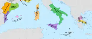 Diachronic map of the territories subject to the Crown of Aragon