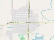 A map of the city of Wilber, Nebraska. Generated using OpenStreetMaps.