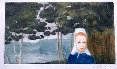 Marie-Annick, bretonne devant l'Aven. Original etching