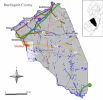 Map of Marlton in Burlington County. Inset: Location of Burlington County in New Jersey.