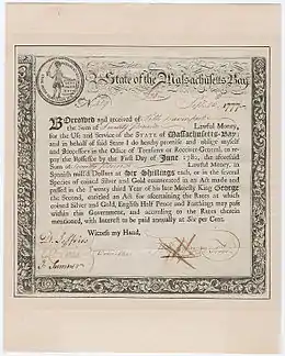 Image 49Certificate of the government of Massachusetts Bay acknowledging loan of £20 to state treasury 1777 (from History of New England)