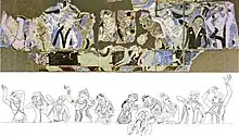 Mural of the Mourning of the Buddha, with various figures in ethnic costumes. Maya Cave, 224. The second figure from the right is thought to be a Turk. Coin of the Turkic dynasties of Chach. Circa 605-630 CE.<ref>