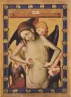 Meister Francke: Man of sorrows, with the Arma Christi and angels.