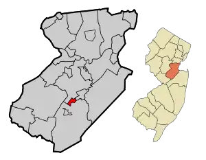 Helmetta highlighted in Middlesex County. Inset: Location of Middlesex County highlighted in the State of New Jersey.