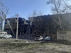 Damaged buildings in Mariupol, 16 March 2022