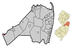 Location of Allentown in Monmouth County. Inset: Location of Monmouth County in New Jersey.