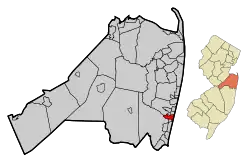 Map of Belmar in Monmouth County. Inset: Location of Monmouth County highlighted in the State of New Jersey.