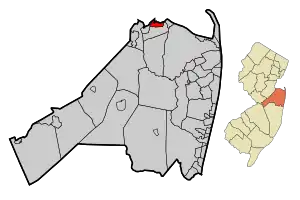 Map of Union Beach in Monmouth County. Inset: Location of Monmouth County highlighted in the State of New Jersey.