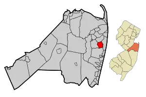 Map of West Long Branch in Monmouth County. Inset: Location of Monmouth County highlighted in the State of New Jersey.