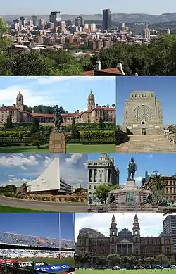 Clockwise from top: Pretoria CBD skyline; Voortrekker Monument; Church Square; the Palace of Justice; Loftus Versfeld Stadium; Administration Building of the University of Pretoria; and front view of the Union Buildings