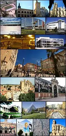 From left to right, top to bottom: The Parc des sports et de l'amitié stadium; historic department store Aux Dames de France; the Archbishop's Palace; Saint-Just-et-Saint-Pasteur Cathedral; the Médiathèque library and multi-media center; a sculpture on the stadium grounds; the Hall of Justice; Voltaire Bridge; the Narbonne Théâtre; City Hall square; Merchants' Bridge with a view of the Archbishop's Palace; the Cathedral and the Canal de la Robine; Les Halles covered market; the Palais des Sports, des Arts et du Travail sports, arts and work complex; the Espace de Liberté multi-use center; the Via Domitia; the Narbonne train station; Charles Trenet, born in Narbonne; an aerial view of the city center; former church Notre-Dame de Lamourguier, now the Lapidary Museum