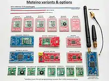 These are the different types of available Moteino boards and their transceiver options.