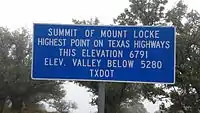 Elevation sign at terminus of Spur 78 atop Mt. Locke at McDonald Observatory