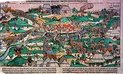 The city of Münster under siege by prince bishop Franz von Waldeck in 1534. The picture shows the first attack at Pentecost.