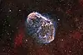 NGC 6888 imaged in 3&nbsp;nm hydrogen-alpha and oxygen-III narrowband at 2800mm focal length by amateur astronomer Patrick Hsieh.