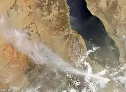 Satellite image of Ethiopia/ Eritrea showing the ash plume from Nabro on 13 June 2011.