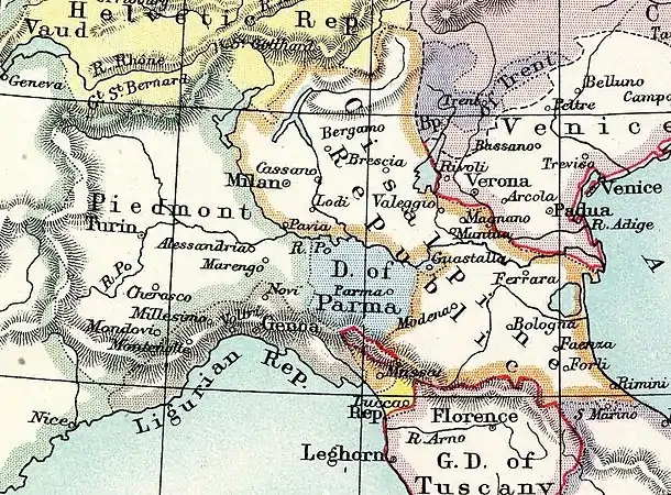 1799: sister republics in northern Italy..mw-parser-output .legend{page-break-inside:avoid;break-inside:avoid-column}.mw-parser-output .legend-color{display:inline-block;min-width:1.25em;height:1.25em;line-height:1.25;margin:1px 0;text-align:center;border:1px solid black;background-color:transparent;color:black}.mw-parser-output .legend-text{}&nbsp;&nbsp;Piedmontese Republic
