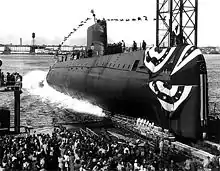 Image 97The launching ceremony of the USS Nautilus January 1954. In 1958 it would become the first vessel to reach the North Pole. (from Nuclear power)