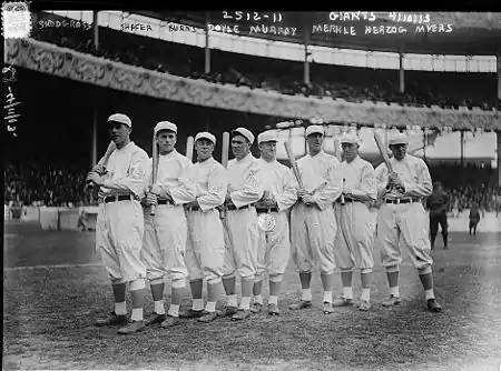 Image 27The NL champion New York Giants baseball team, 1913. Fred Merkle, sixth in line, had committed a baserunning gaffe in a crucial 1908 game that became famous as Merkle's Boner. (from History of baseball)