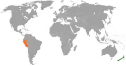 Map indicating locations of New Zealand and Peru