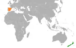 Map indicating locations of New Zealand and Spain