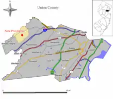 Map of New Providence in Union County. Inset: Location of Union County in New Jersey.