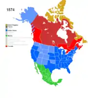 Map showing Non-Native American Nations Control over N America c. 1874