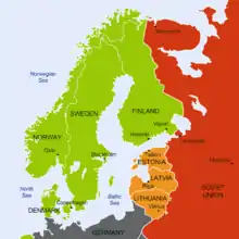 A geopolitical map of Northern Europe in which Finland, Sweden, Norway and Denmark are tagged as neutral nations and the Soviet Union is shown having military bases in the nations of Estonia, Latvia and Lithuania.