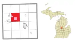 Location within Isabella County (red) and the administered communities of Beal City and a portion of Weidman (pink)