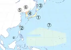 De jure map of Japan under Allied occupation:
# Japanese archipelago, placed under the authority of the Supreme Commander for the Allied Powers (de facto United States), effective 1945–1952 (Note: Part of Japanese territories were put under US' administration after 1952 in accordance with Article 3 of San Francisco Peace Treaty: Iwo Jima (till 1968) and Okinawa (till 1972), such arrangement was treaty based, not part of the Allied occupation.)
# Japanese Taiwan and the Spratly Islands, placed under the authority of China
# Karafuto Prefecture and the Kuril Islands, placed under the authority of the Soviet Union
# Japanese Korea south of the 38th parallel north, placed under the authority of the United States Army Military Government in Korea, granted independence in 1948 as the Republic of Korea (South Korea)
# Kwantung Leased Territory, occupied by the Soviet Union 1945–1955, returned to China in 1955
# Japanese Korea north of the 38th parallel north, placed under the authority of the Soviet Civil Administration, granted independence in 1948 as the Democratic People's Republic of Korea (North Korea)
# South Pacific Mandate, occupied by the United States 1945–1947, converted into the Trust Territory of the Pacific Islands in 1947