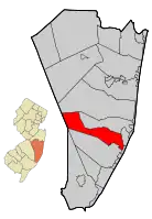 Map of Barnegat Township in Ocean County. Inset: Location of Ocean County highlighted in the State of New Jersey.