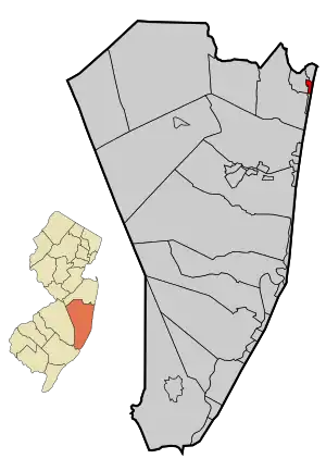 Map of Bay Head in Ocean County. Inset: Location of Ocean County highlighted in the State of New Jersey.