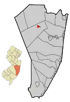 Map of Lakehurst in Ocean County. Inset: Location of Ocean County highlighted in the State of New Jersey.