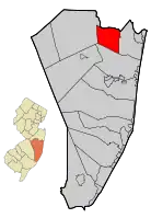 Map of Lakewood Township in Ocean County. Inset: Location of Ocean County highlighted in the State of New Jersey.