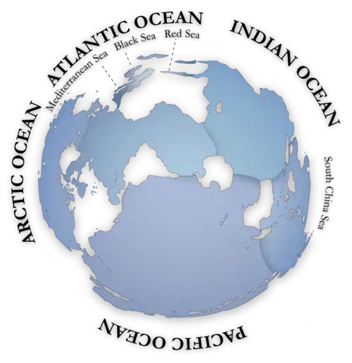 Image 32Oceans cover almost three quarters (71%) of the surface of the Earth, and nearly half of the world's marine waters are over 3000 m deep. This global, interconnected body of salt water, called the World Ocean, is divided by the continents and archipelagos into the following five bodies, from the largest to the smallest: the Pacific Ocean, the Atlantic Ocean, the Indian Ocean, the Southern Ocean, and the Arctic Ocean.  Official boundaries are defined by the International Hydrographic Organization. (Credit: Alexandre Van de Sande.) (from Portal:Earth sciences/Selected pictures)