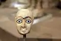 Sumerian bald clean-shaven male worshipper head; 2600-2500 BC; gypsum, shell, lapis lazuli and bitumen; from Nippur (Iraq); Museum of the Oriental Institute (Chicago)