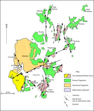 A map of the geology of Orkney. Hoy to the southwest is predominantly formed from Hoy/Eday Sandstones. The Mainland at centre is largely Stromness flagstones with Rousay flagstones to the east. The North and South Isles are a mixture of Eday and Rousay sandstones.