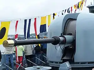 OTO-Melara 76 mm gun onboard Hessen, a Sachsen-class frigate of the German Navy