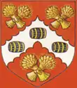 Logo of the school in red, white and gold, and features hops and three barrels