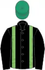 Black, light green braces, emerald green cap
