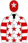 White, red stars, hooped sleeves, red cap, white star