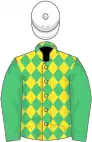 Yellow and emerald green diamonds, emerald green sleeves, white cap