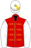 Red, gold braid, white sleeves and cap with gold tassel