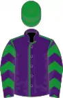 Purple, green seams, chevrons on sleeves, green cap