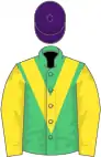 Emerald green, yellow chevron and sleeves, red cap