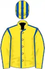 Yellow, royal blue seams, striped cap