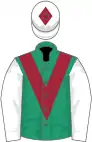 Emerald green, maroon chevron, white sleeves, white cap, maroon diamond