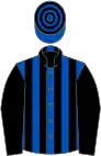 Royal blue and black stripes, black sleeves, hooped cap