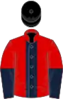 Red, Dark Blue stripe, halved sleeves, Black cap