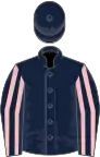 Royal blue, pink stripes on sleeves, royal blue cap